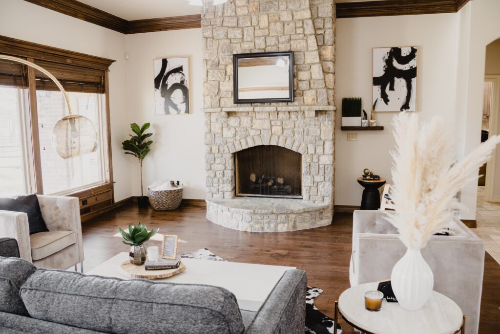 stone veneer fireplace in living room